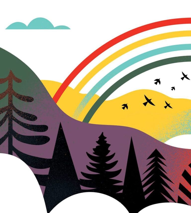 An illustration of a scenic mountainside with birds flying beneath a rainbow