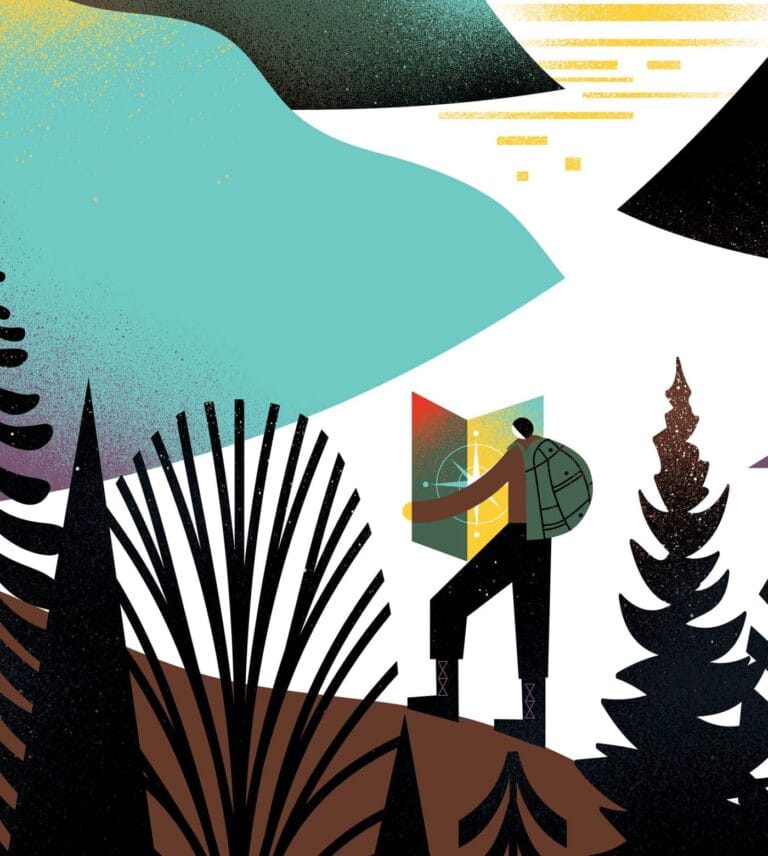 An illustration of a hiker reading a map near a riverbank