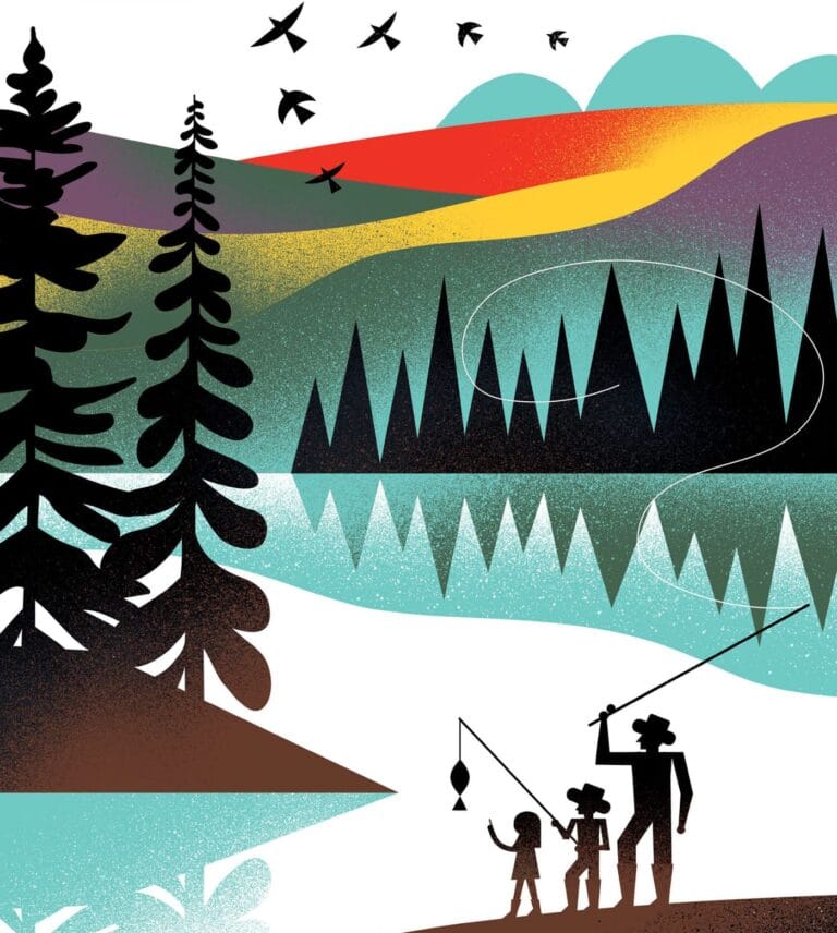 An illustration of people fishing from the banks of a river while birds fly overhead