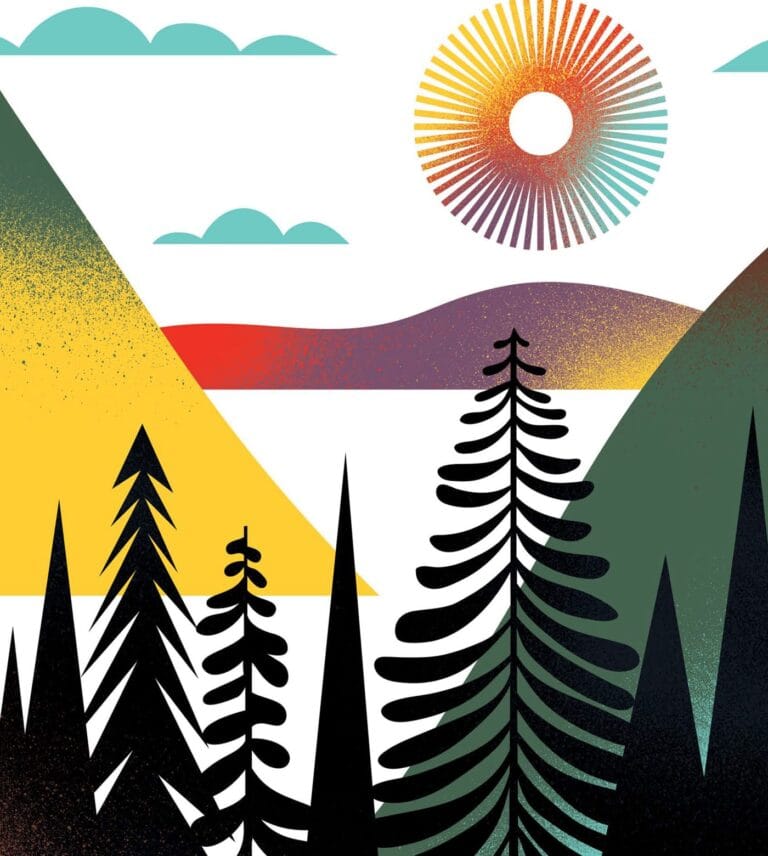 An illustration of a scenic view of distant mountains, the sun in the sky, and nearby trees