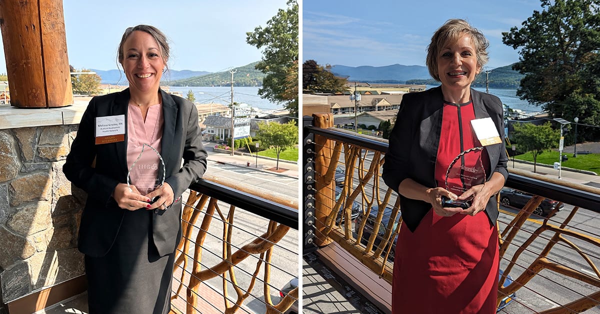 Melissa Gooley, RN and Stacy Smith holding awards outside in Lake George