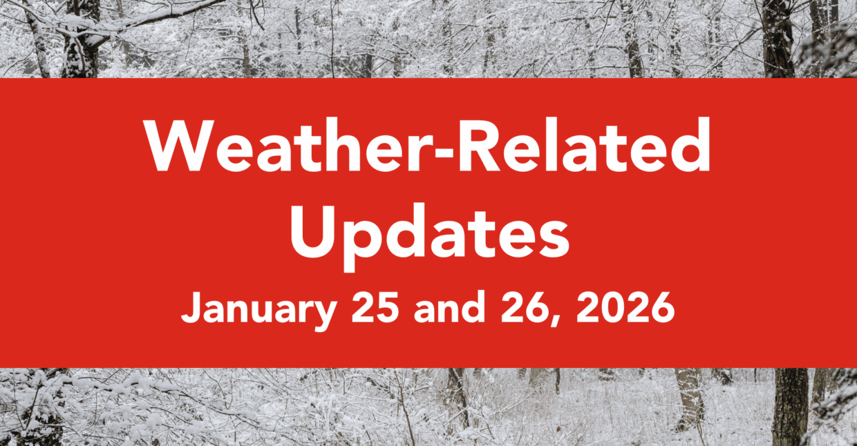 Wintery trees with a banner that says weather-related updates