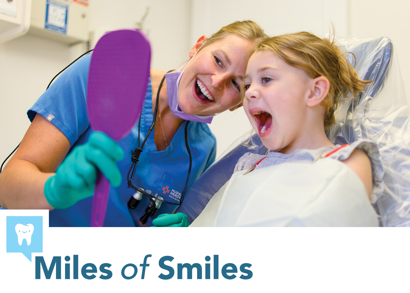 Dentist and patient looking at their teeth in a mirror with the Miles of Smiles logo above the photo